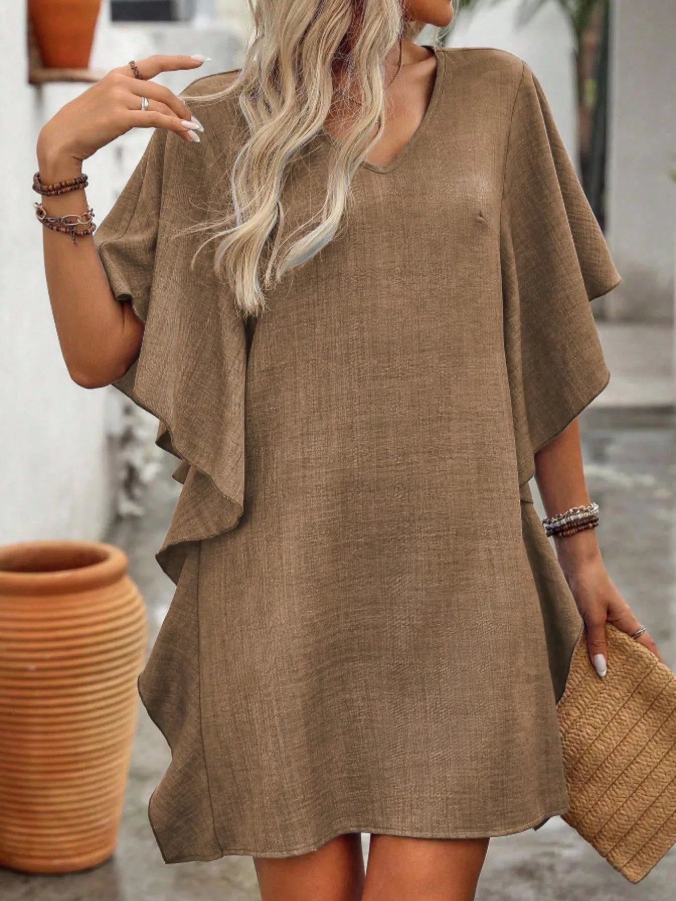 Flowy Sleeve V-Neck Casual Mini Dress