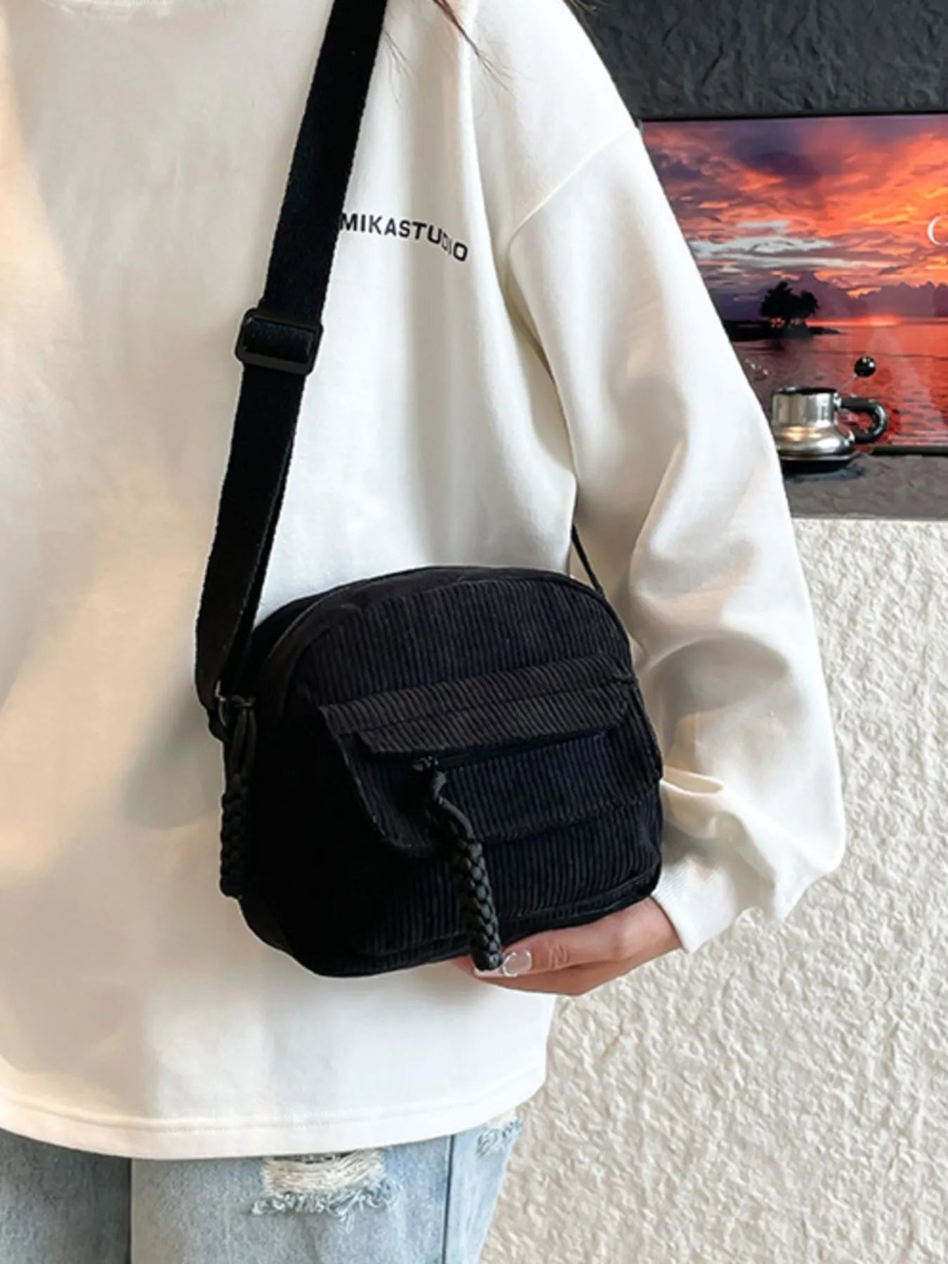 Corduroy Crossbody Bag with Adjustable Strap