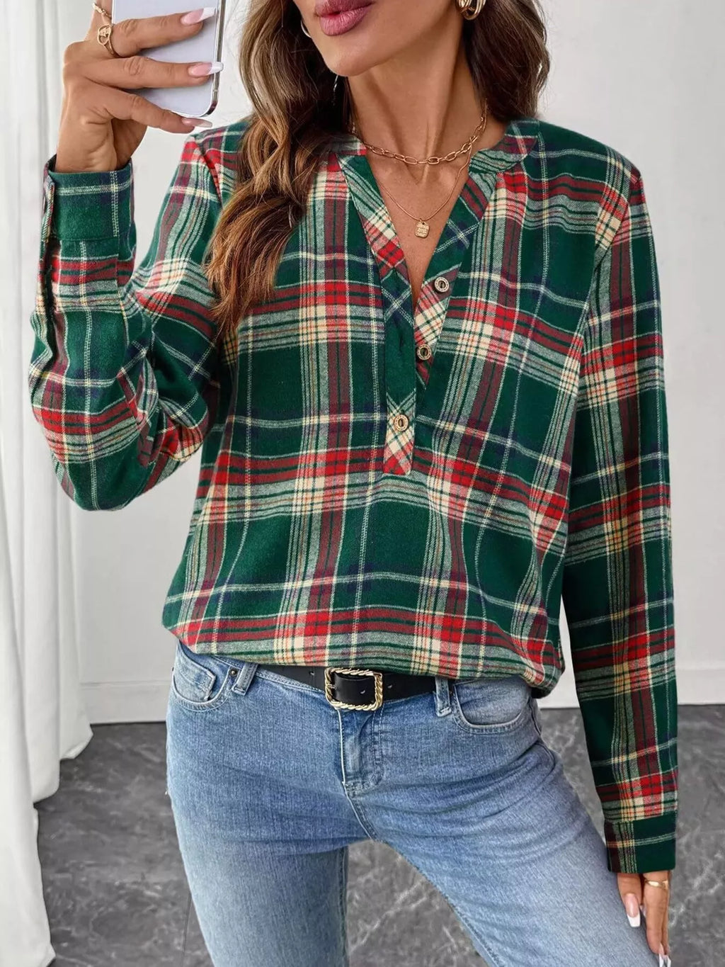 Plaid Half Button Long Sleeve Blouse