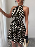 Zebra Print Halter Neck Tie Waist Ruffle Hem Dress