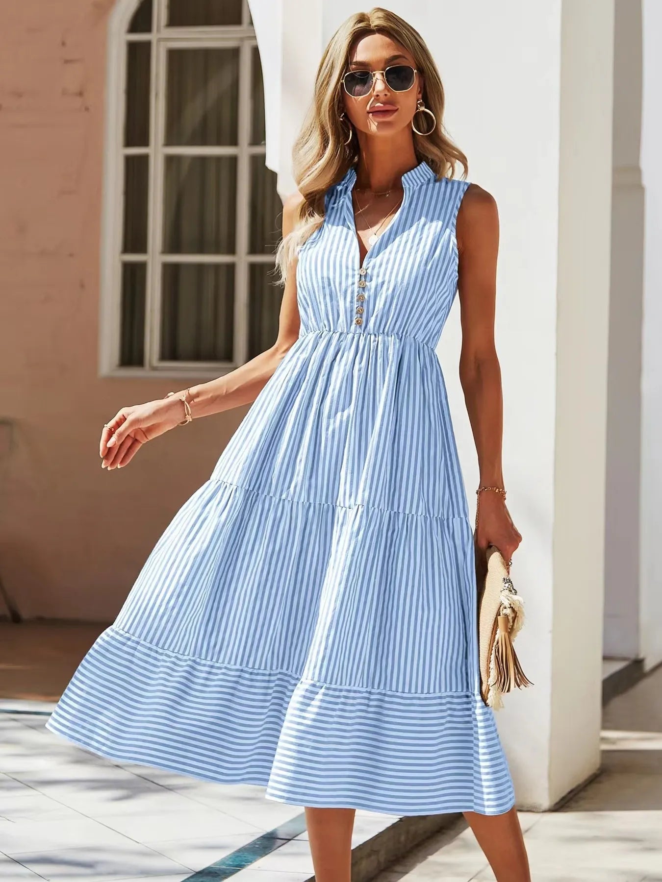 Striped Sleeveless Tiered Midi Dress