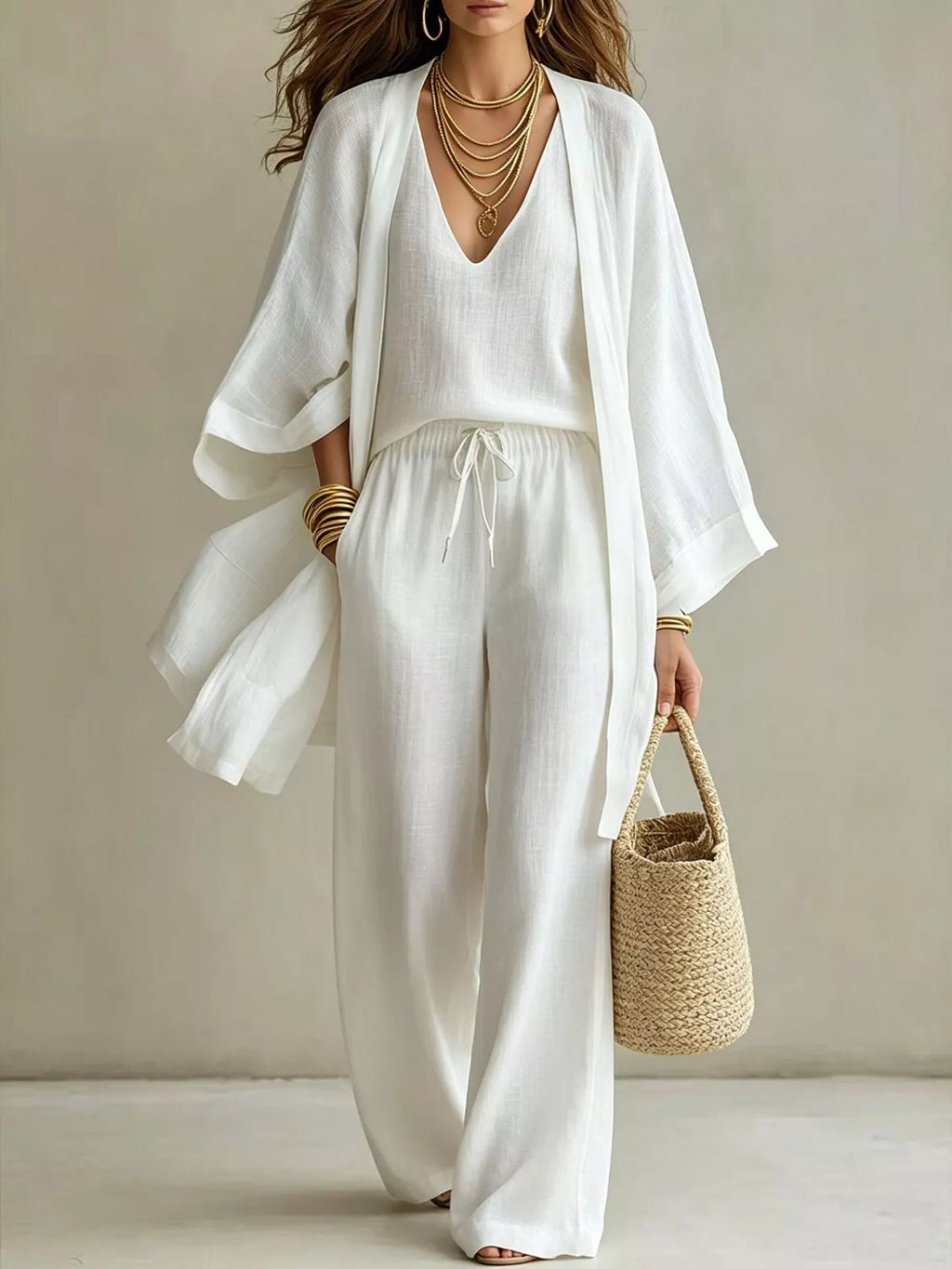 V-Neck Top & Cardigan & Pants Three-Piece Set