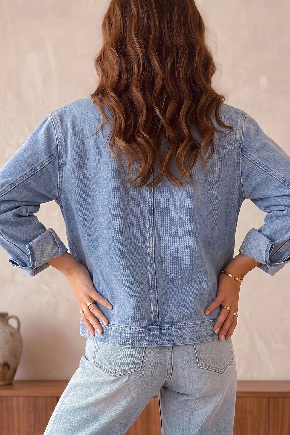 Studded Metal Zipper Rivet Pockets Long Sleeve Denim Jacket