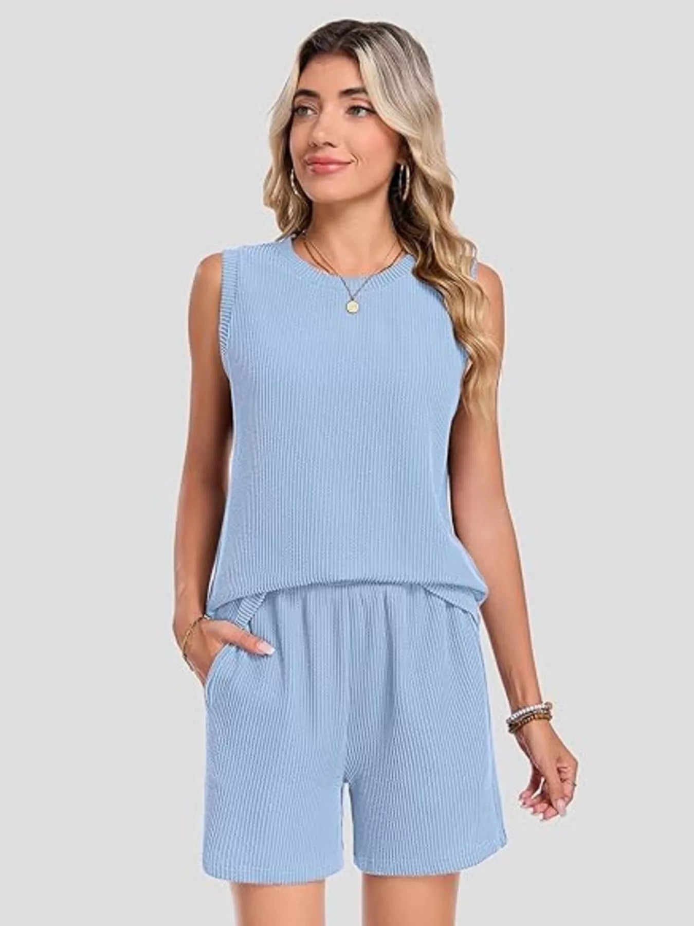 Casual Ribbed Knit Sleeveless Top and Shorts Set