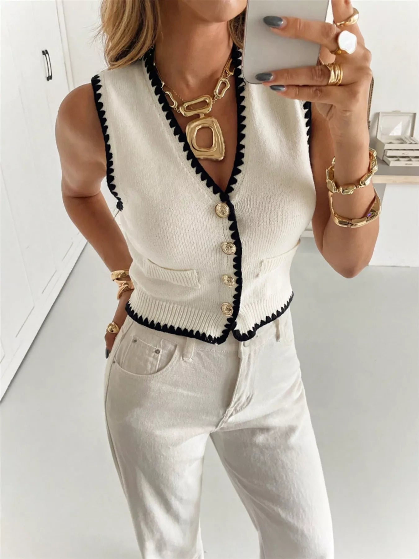 Contrast Trim Button Up Sweater Vest
