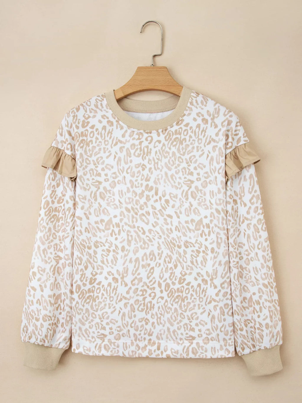 Leopard Ruffle Detail Ribbed Trim Round Neck Sweatshirt
