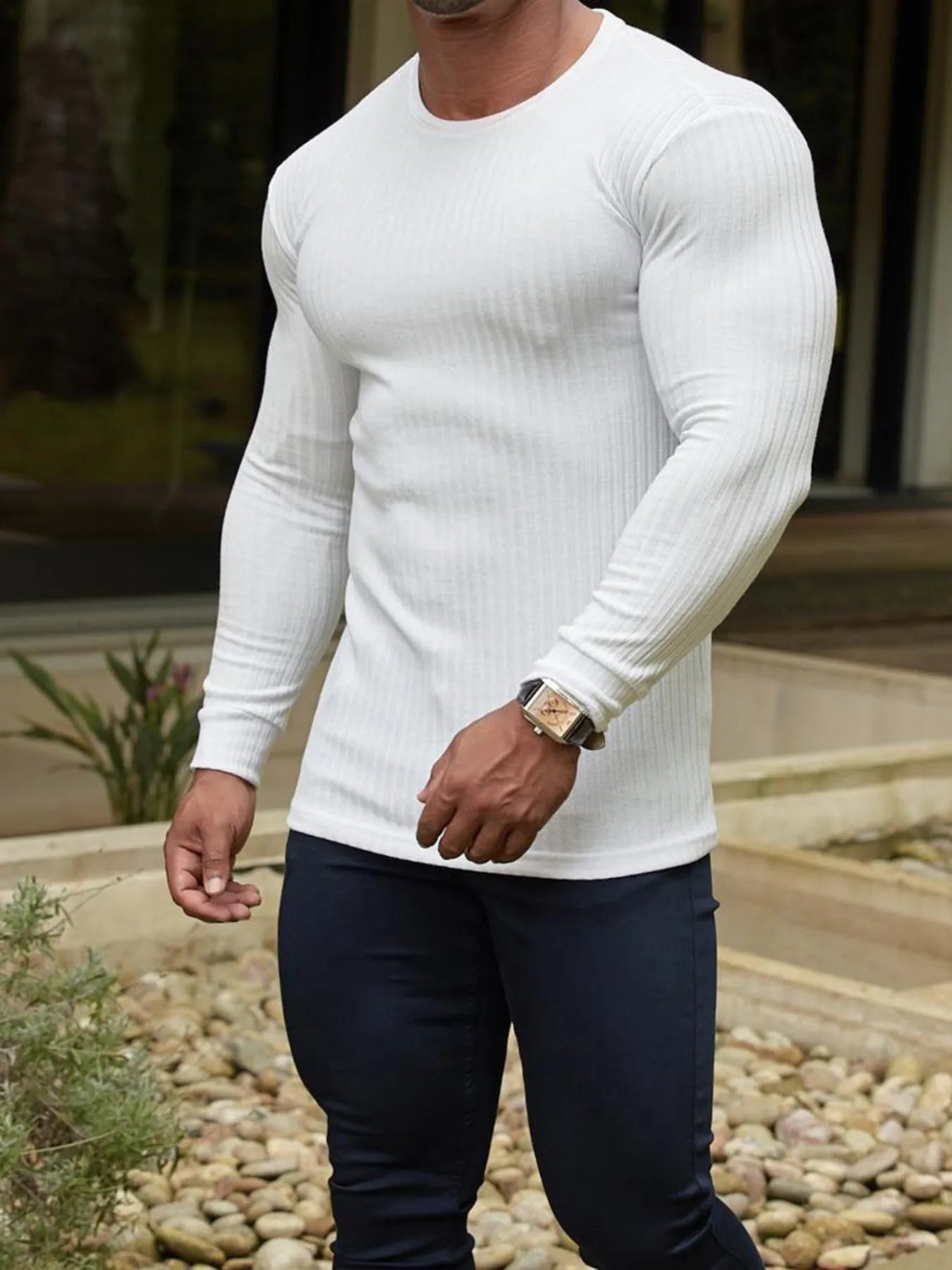 Men's Ribbed Round Neck Long Sleeve T-Shirt
