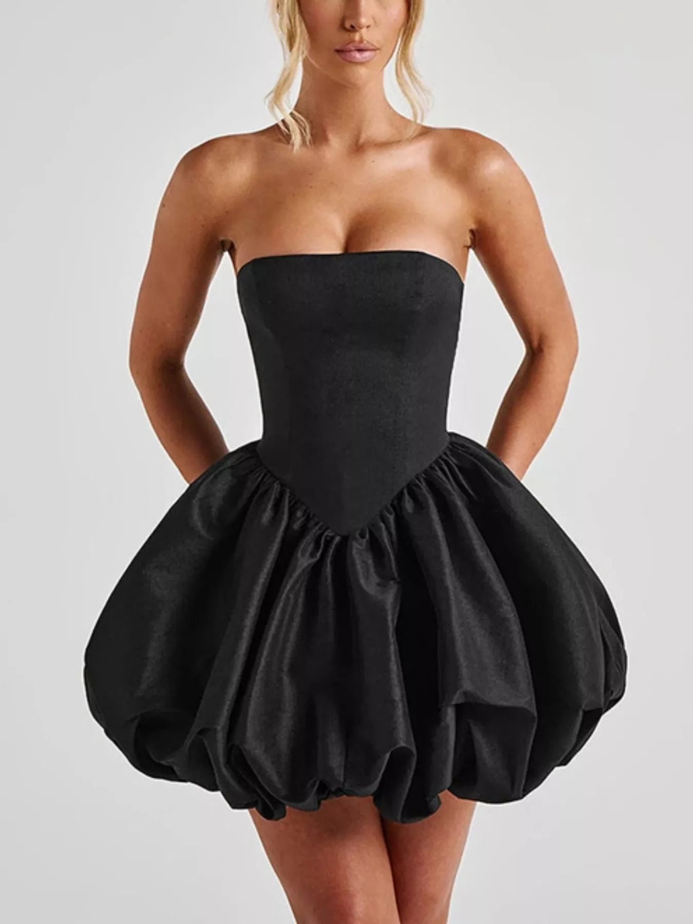 Elegant Strapless Bowknot Bubble Hem Mini Dress