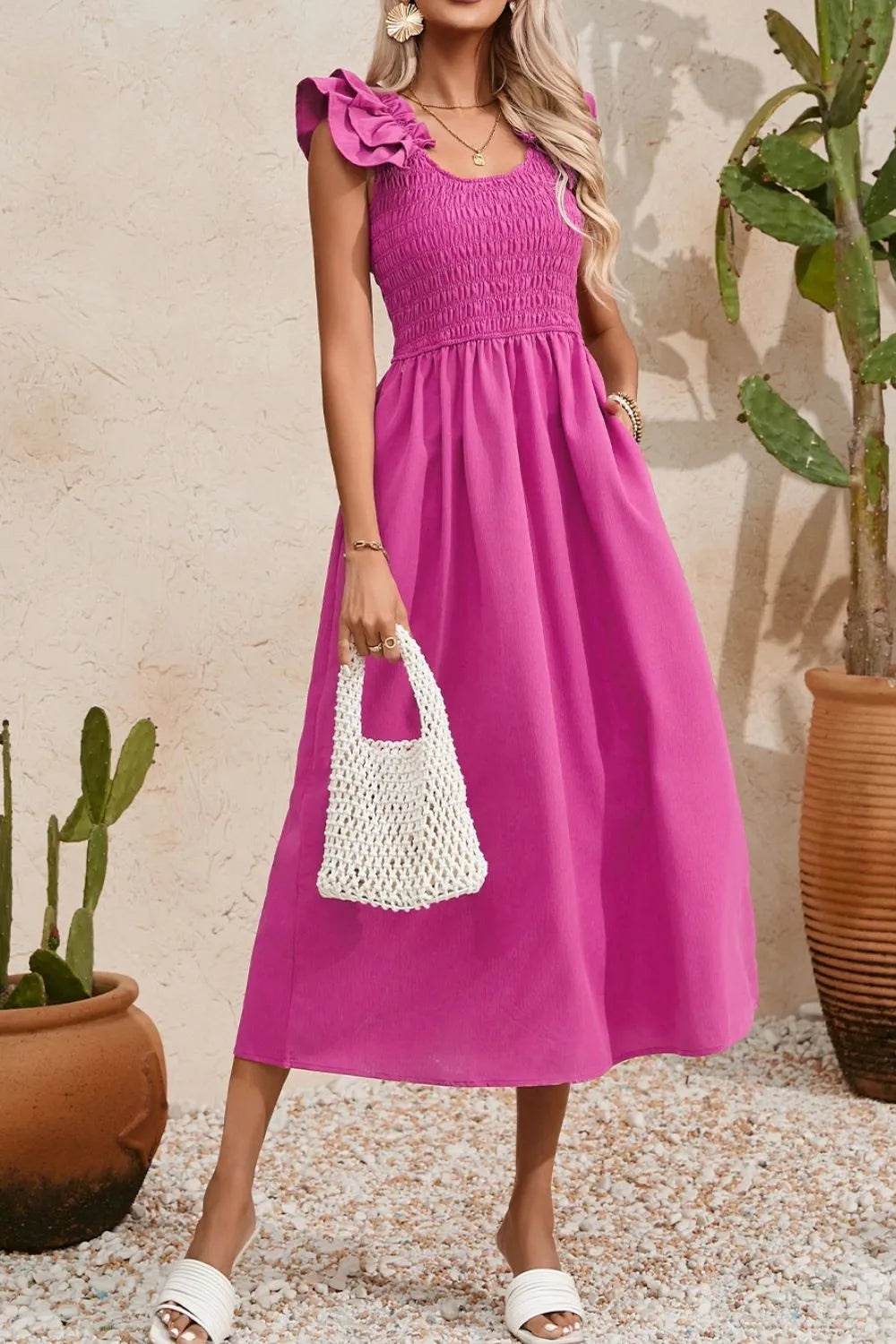 Solid Color Ruffled Straps Smocked Ruched Maxi Dress