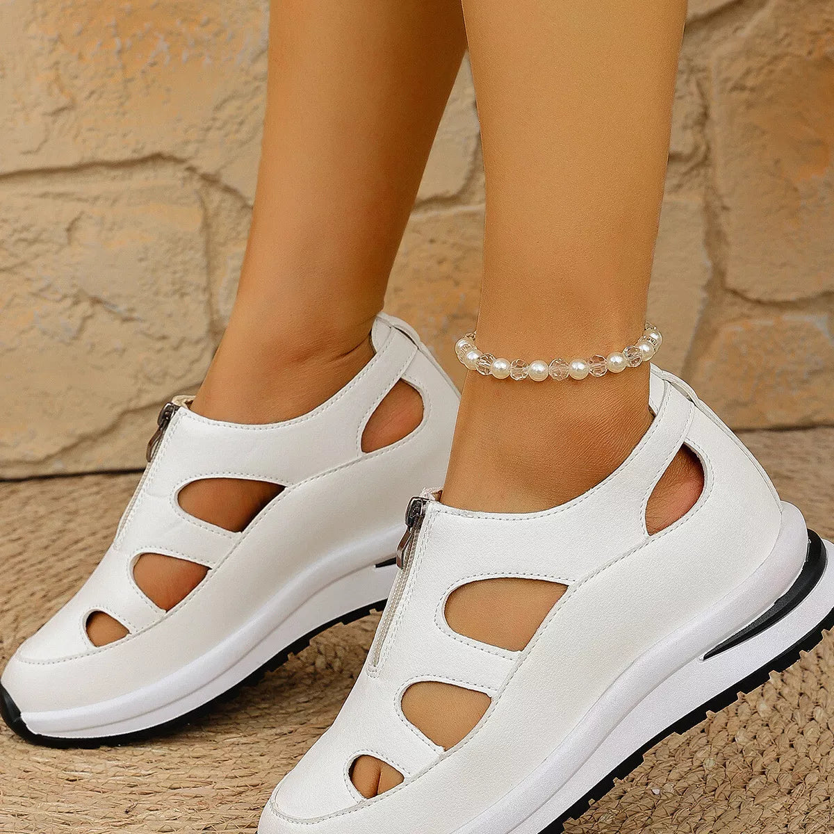 Cutout Zipper Wedge Sneakers