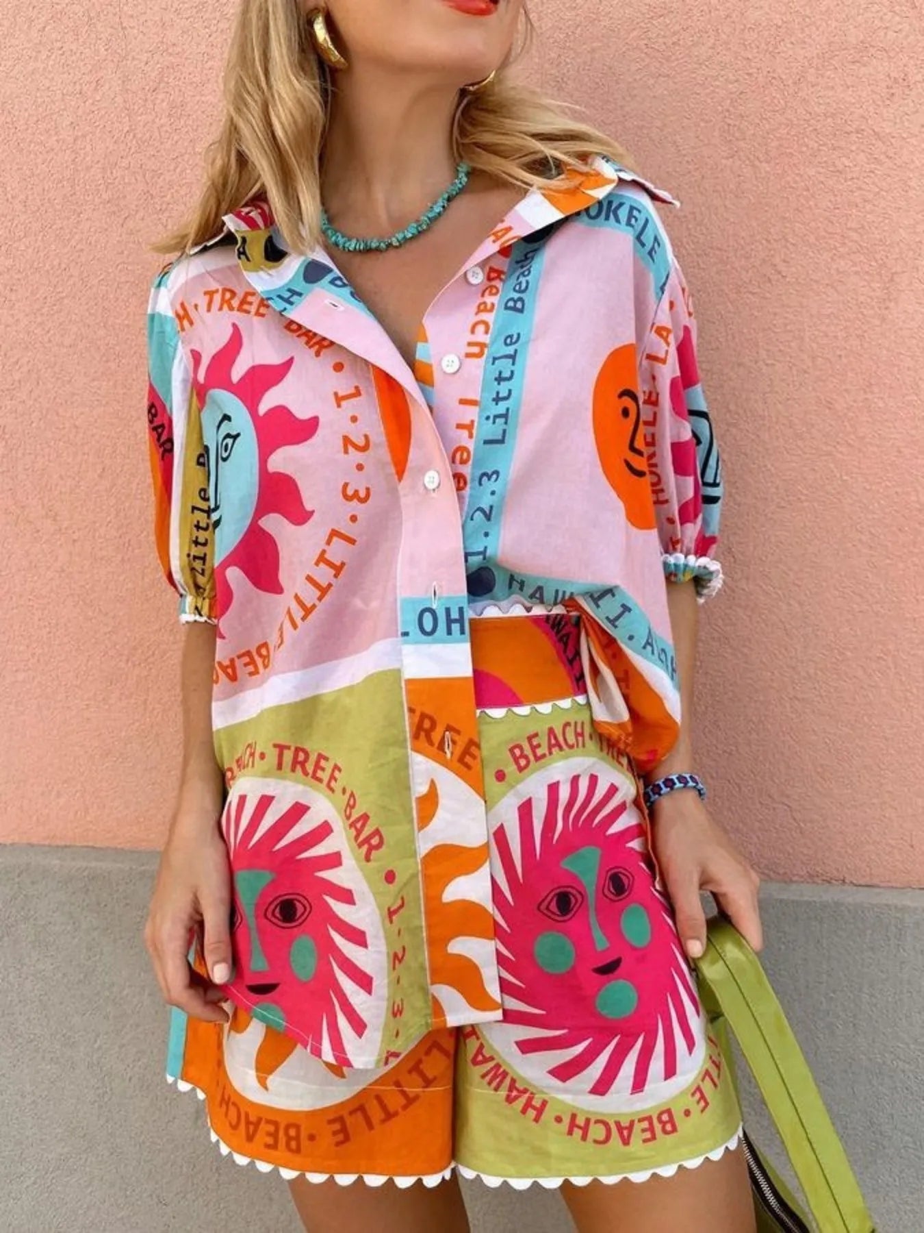 Printed Button Up Shirt and Shorts Set