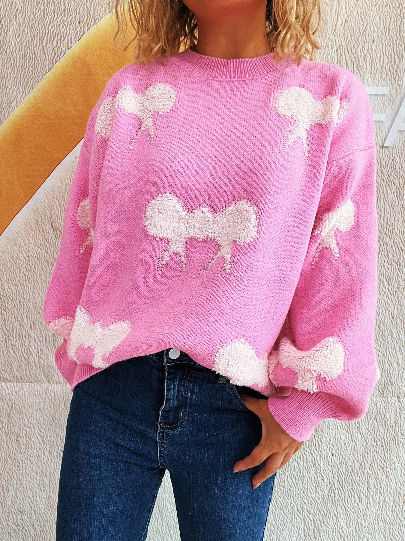 Bow Pattern Round Neck Sweater