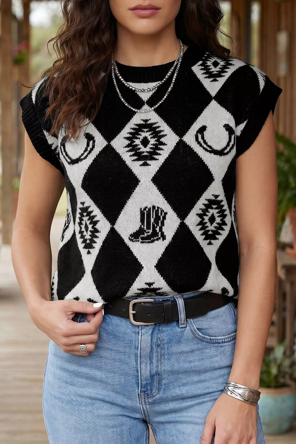 Retro Rhombus Western Print Drop Shoulder Short Sleeve Sweater