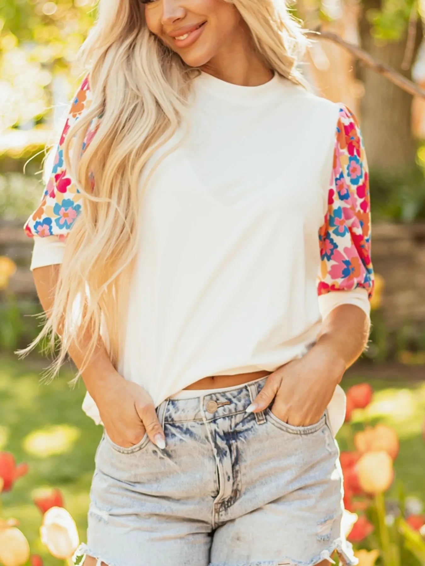 Floral Puff Sleeve Round Neck T-Shirt