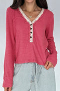 Lace Trim Ribbed Knit Henley Blouse