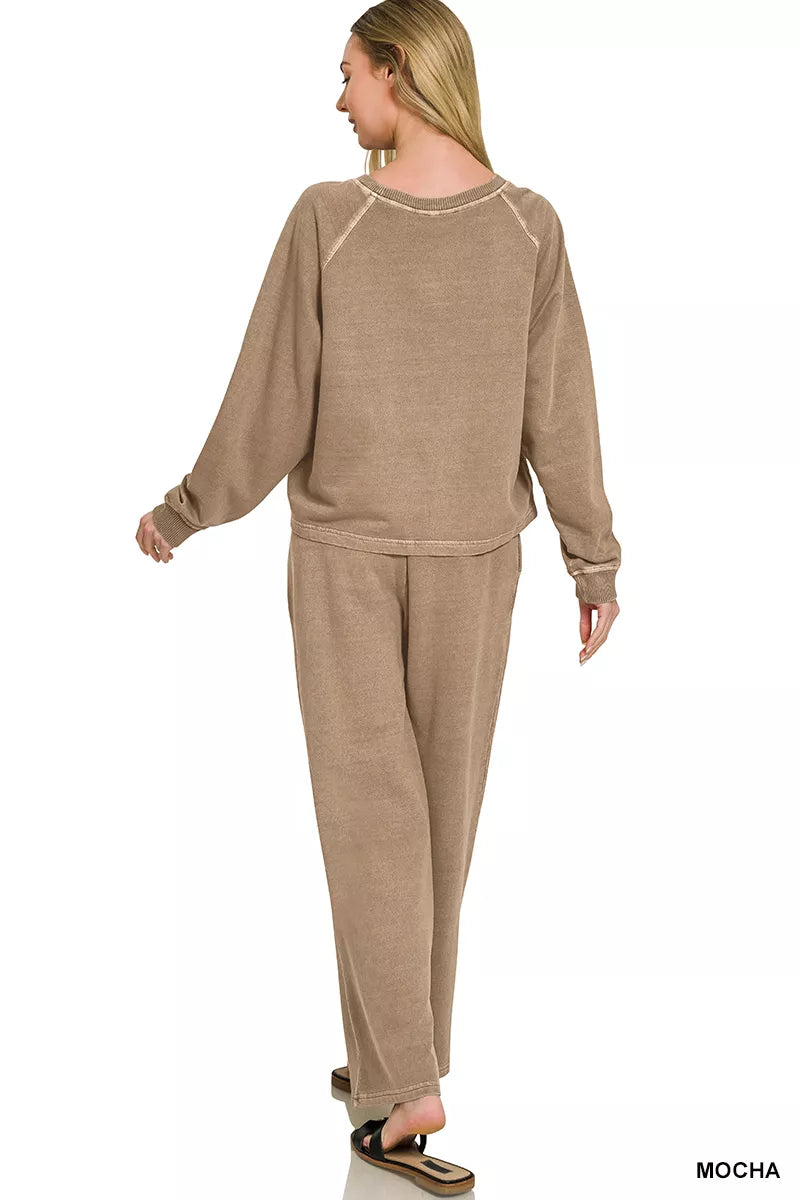 Zenana Washed F/terry Round Neck Pullover & Pants Set