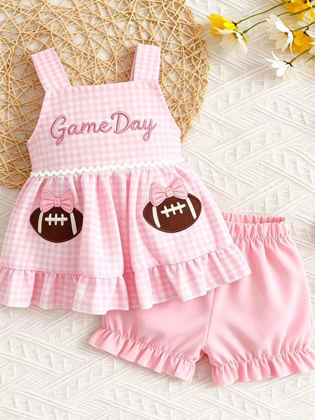 Children's Game Day Football Gingham Top and Shorts Set