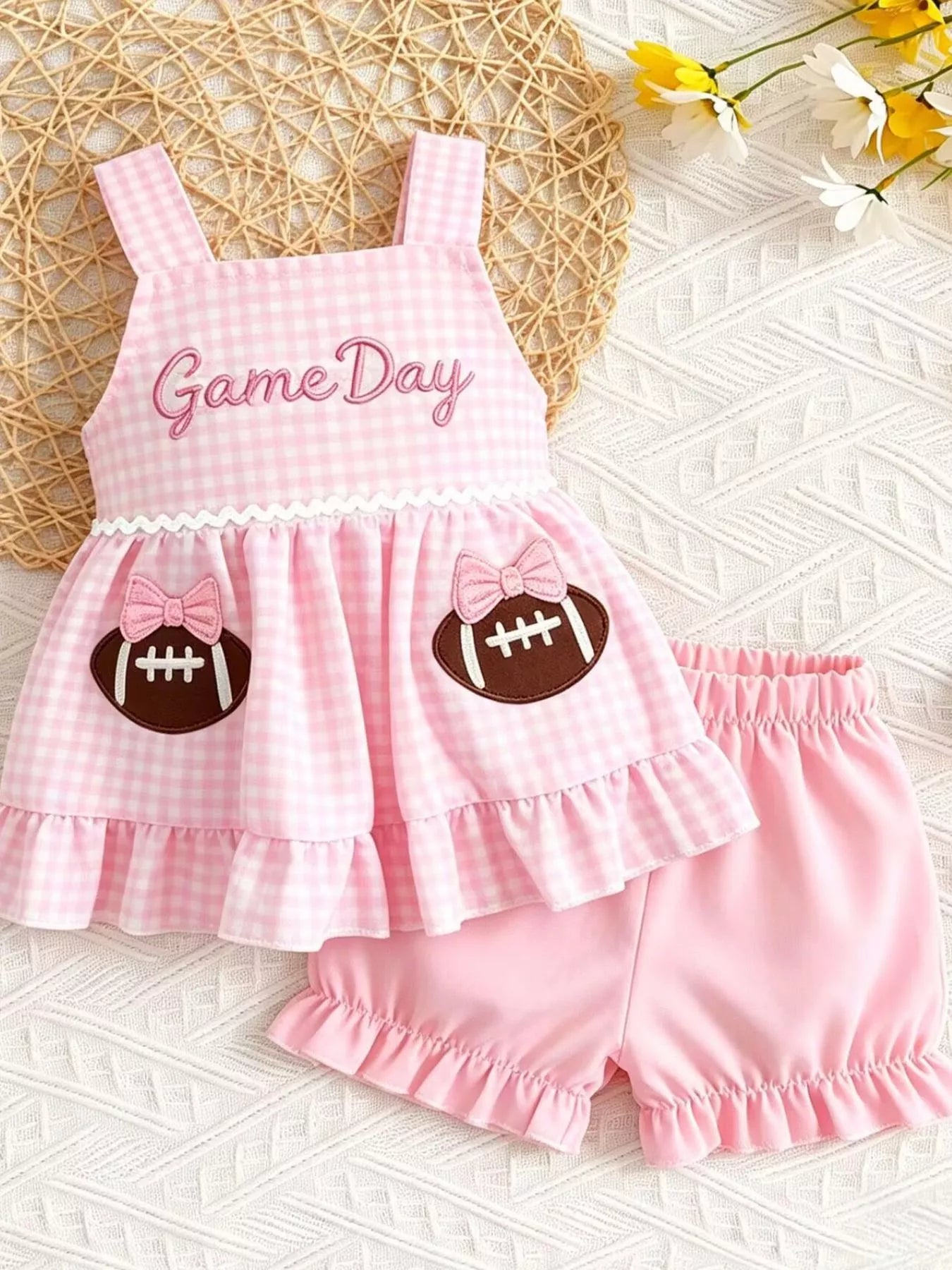 Children's Game Day Football Gingham Top and Shorts Set