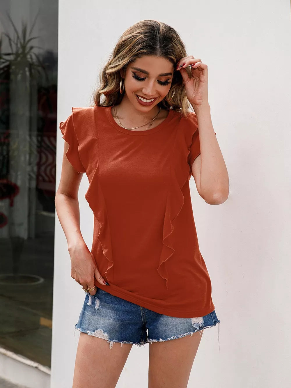 Ivy Lane Ruffled Round Neck Cap Sleeve T-Shirt