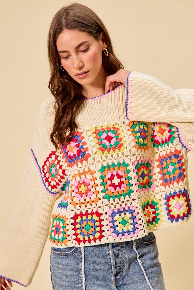 SO ME Multi Color Granny Crochet Lace Sweater Top