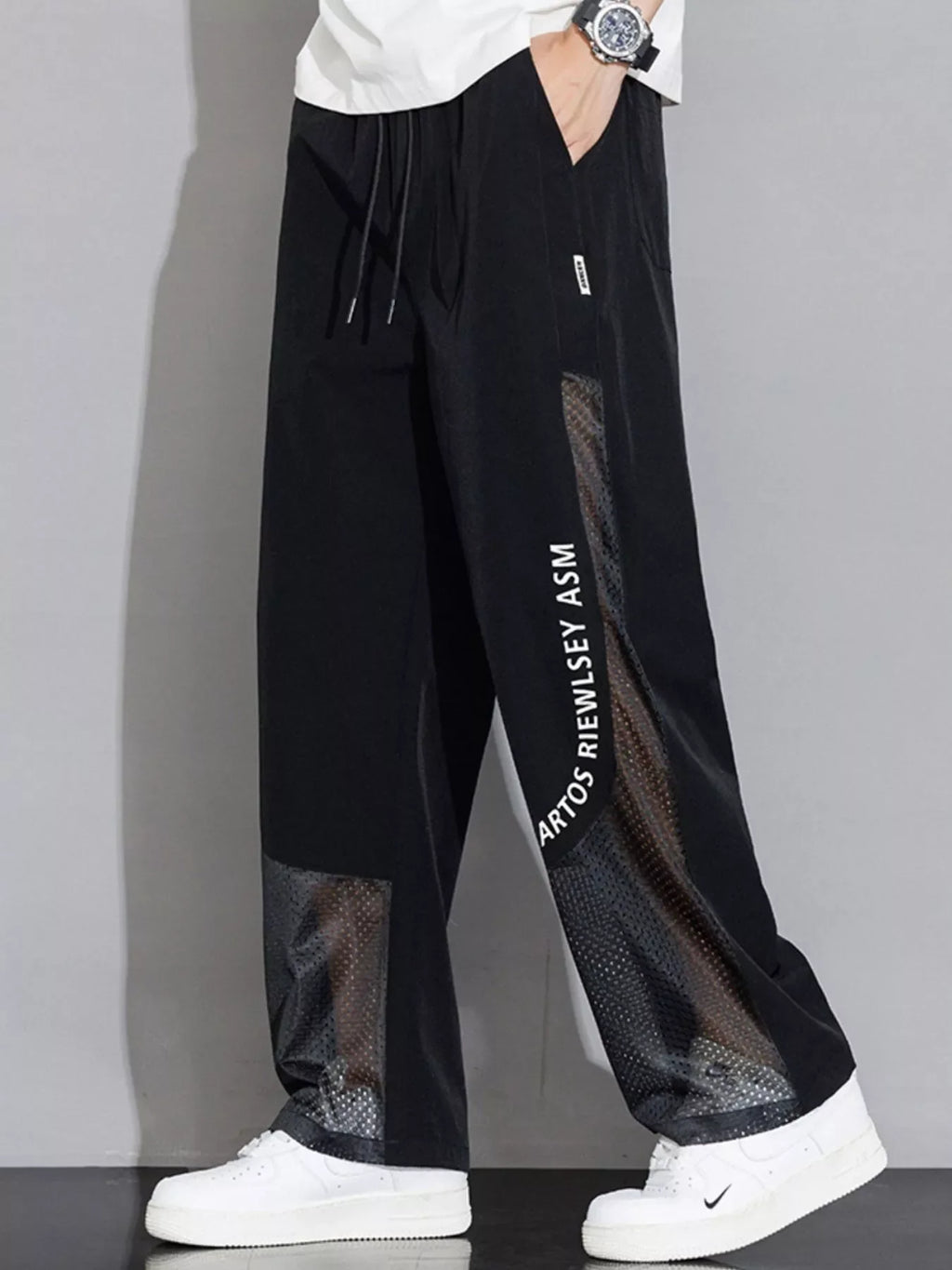 Men's Plus Size Drawstring Wide Leg Mesh Panel Pants