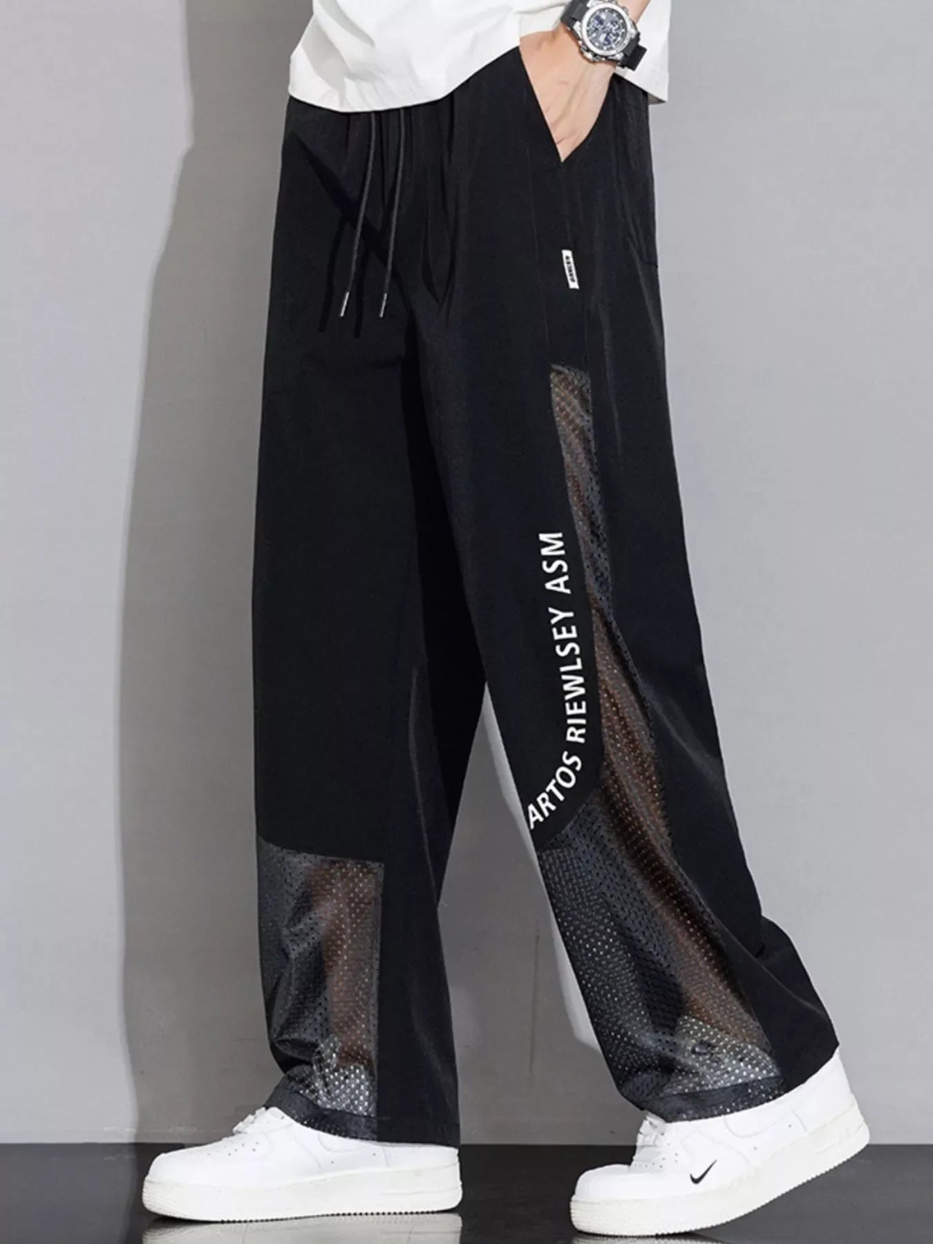 Men's Plus Size Drawstring Wide Leg Mesh Panel Pants