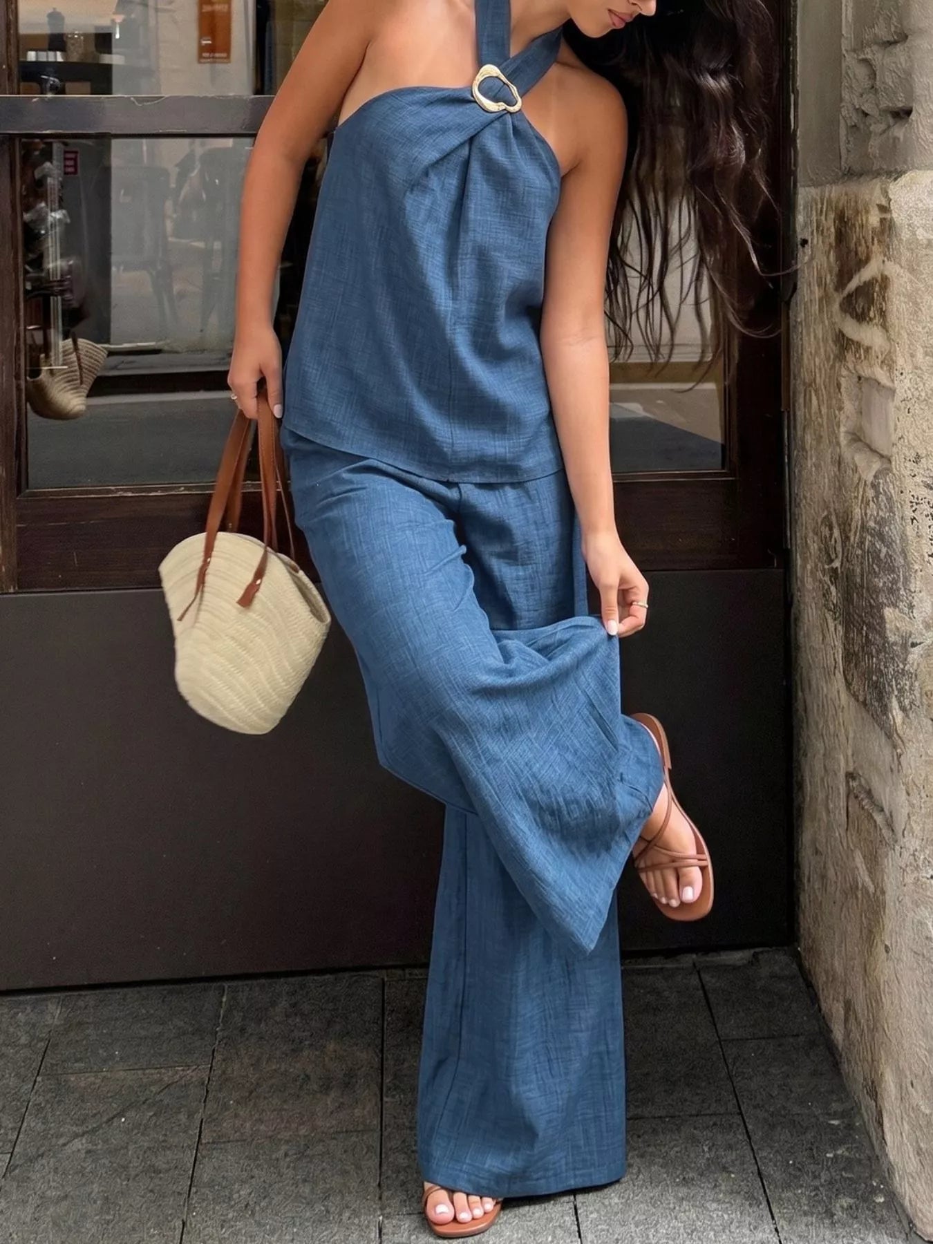 Halter Neck Top and Wide-Leg Pants Set
