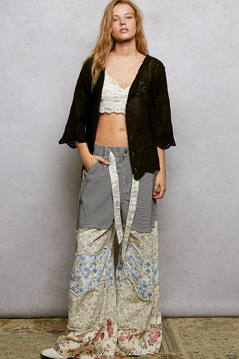 POL Floral Eyelet V-Neck Salloped Shirt