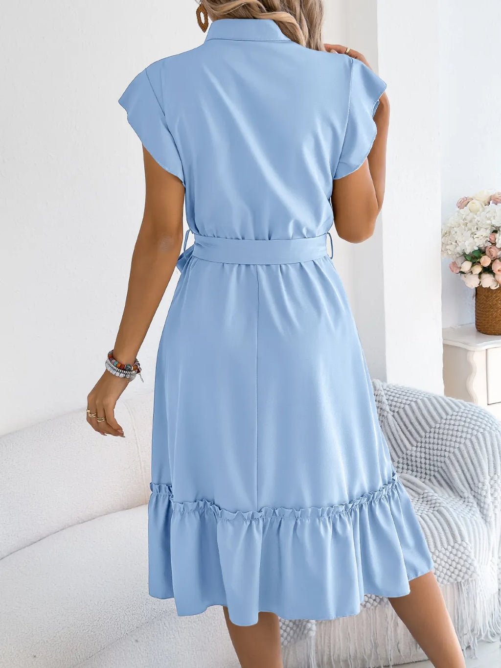 Tie Waist Ruffled Cap Sleeve Dress