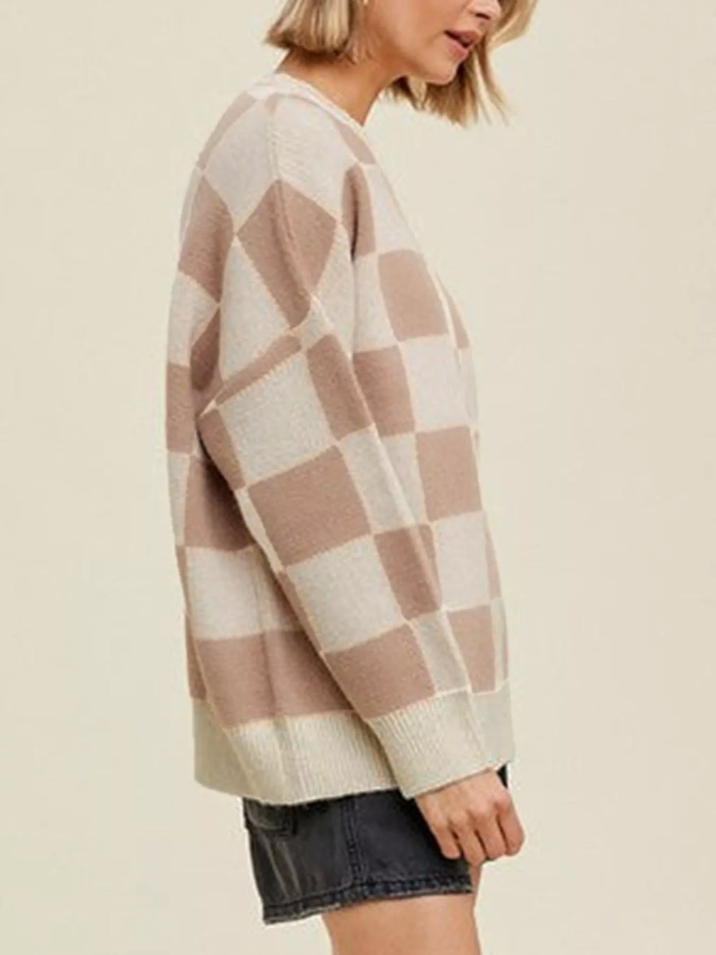 Checkered Pattern Ribbed Trim Knit Baggy Sweater