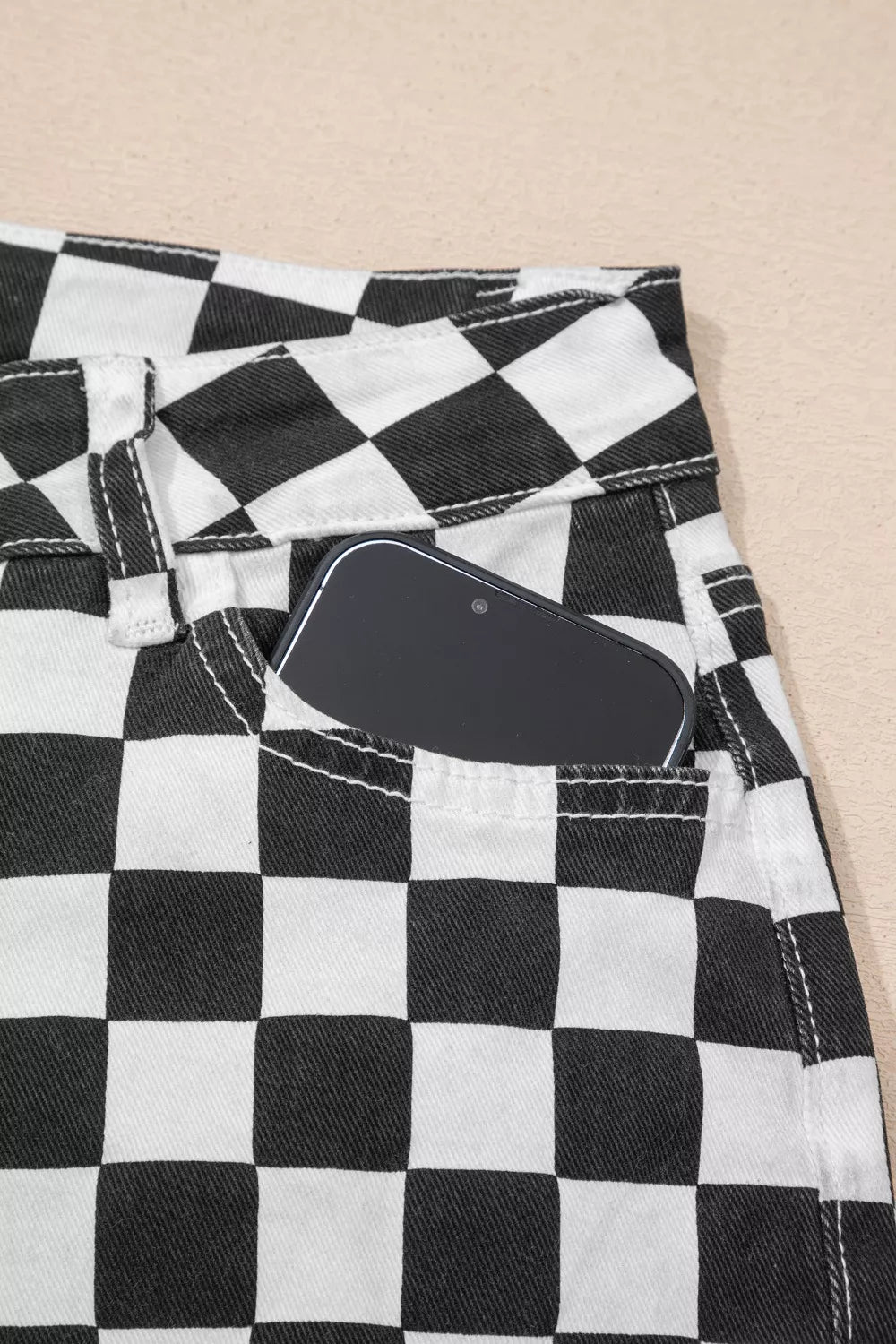 Checkerboard Print Distressed Holes Raw Edge Cropped Jeans