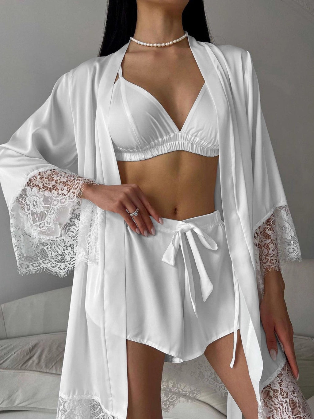 Cami & Lace Trim Cardigan & Shorts Lounge Set