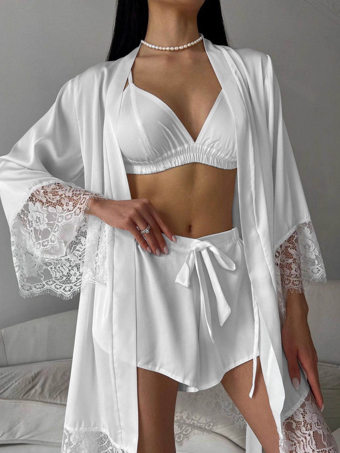 Cami & Lace Trim Cardigan & Shorts Lounge Set