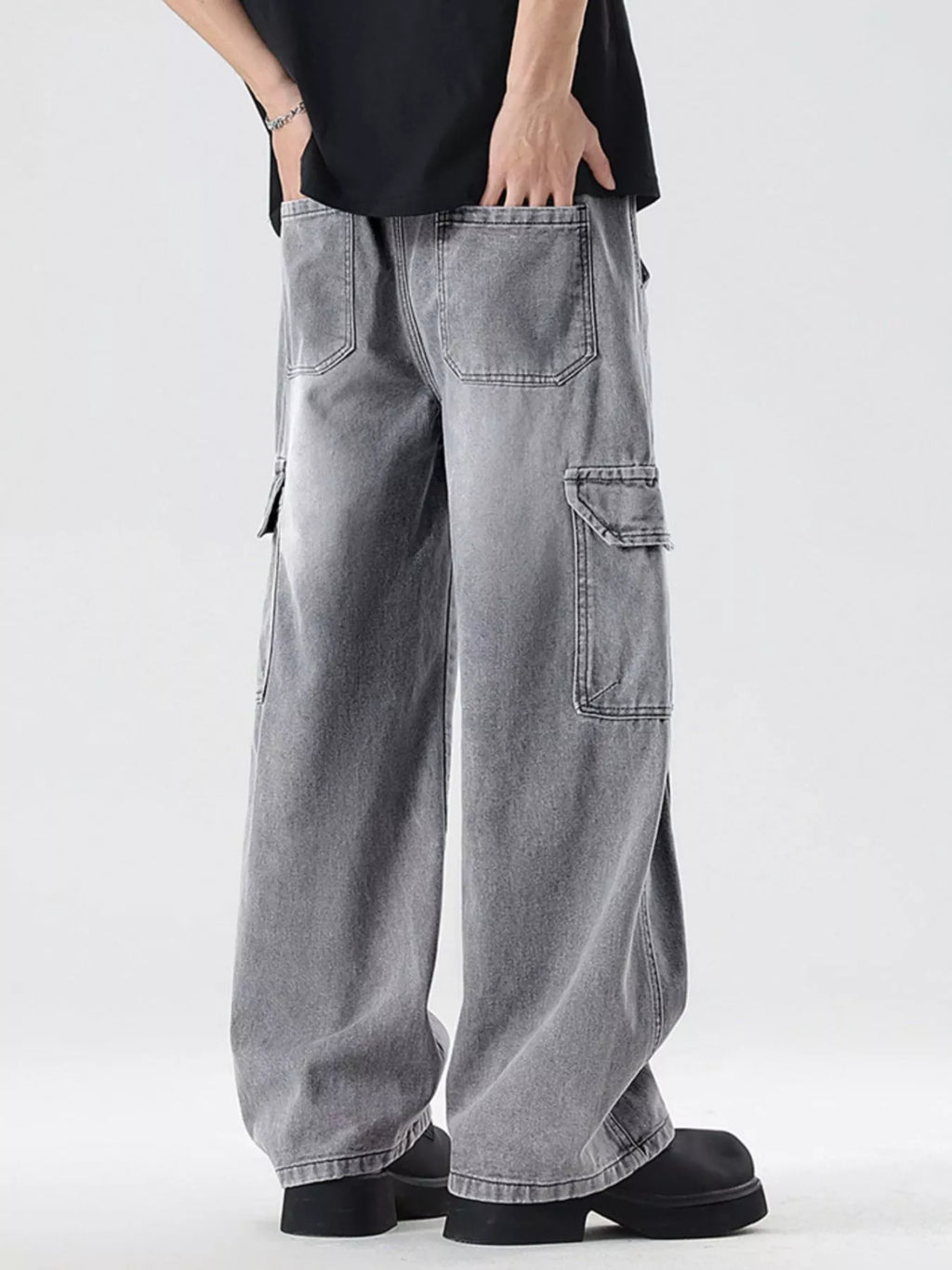 Men's Plus Size Wash Wide Leg Cargo Jeans