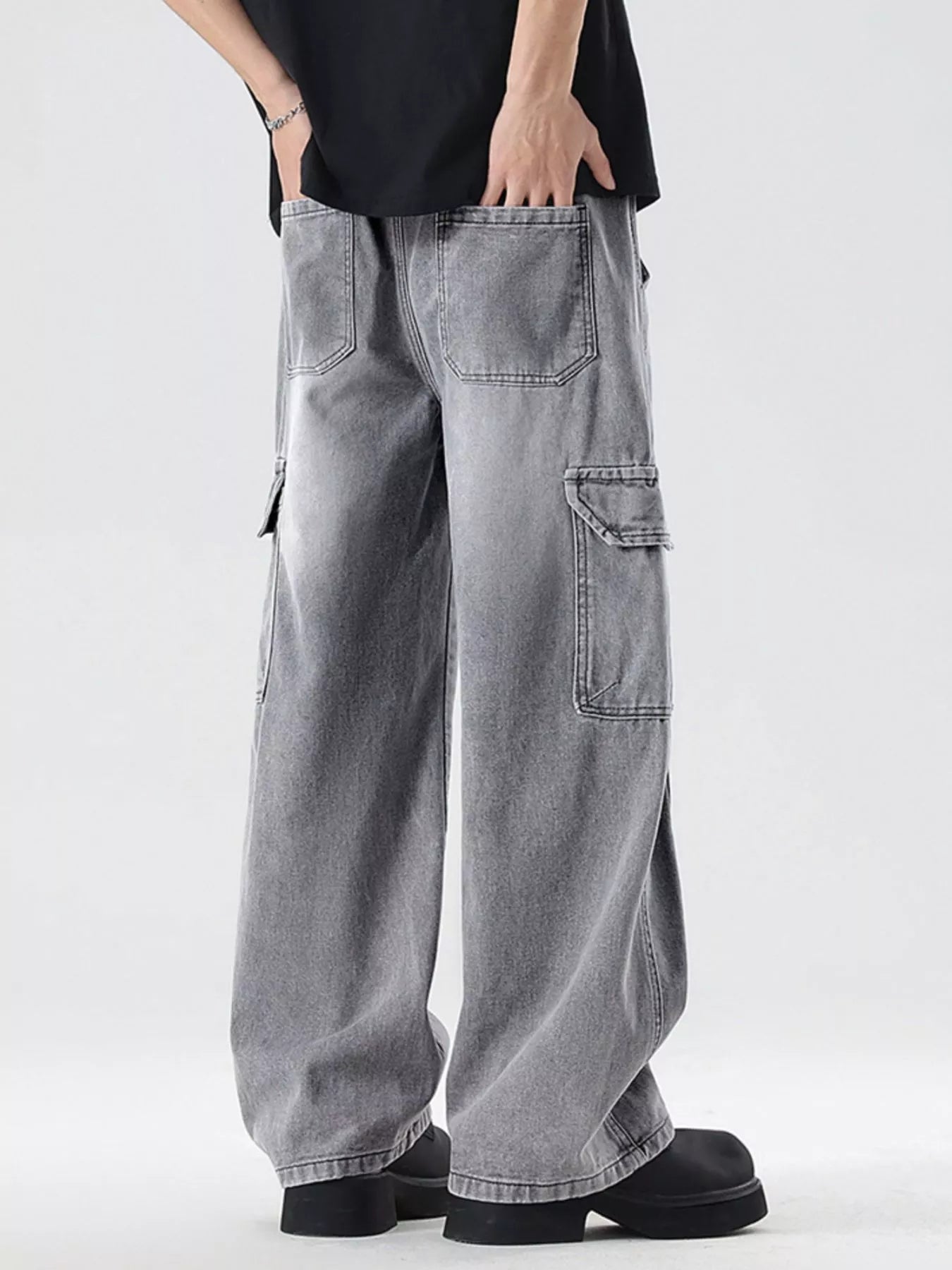 Men's Plus Size Wash Wide Leg Cargo Jeans