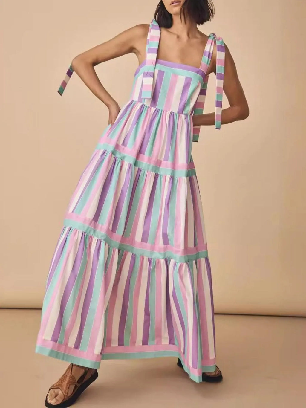 Striped Tiered Maxi Summer Dress with Bow Shoulder Ties
