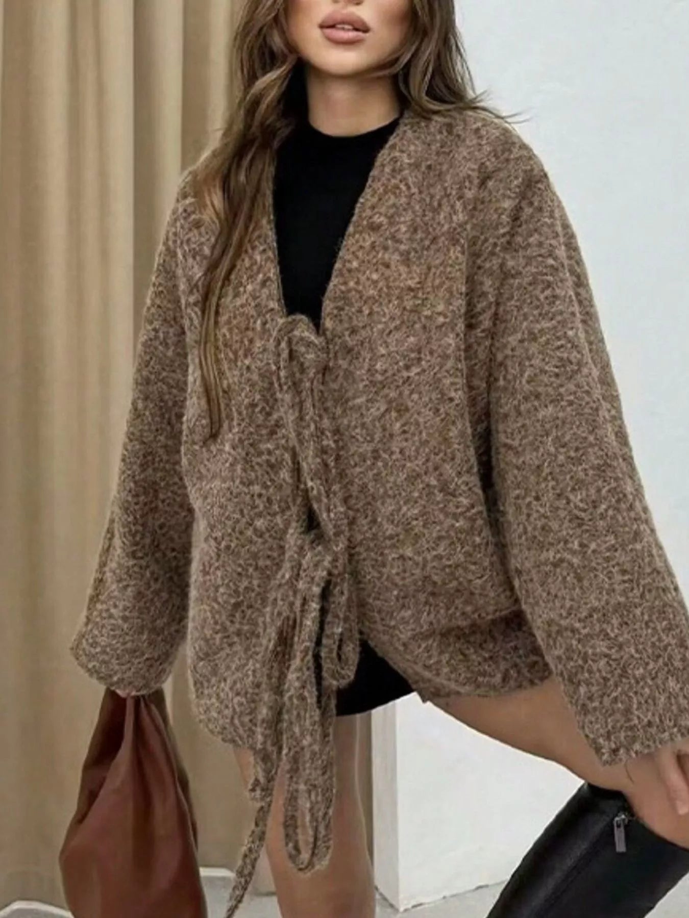Textured Knit Tie-Front Outerwear