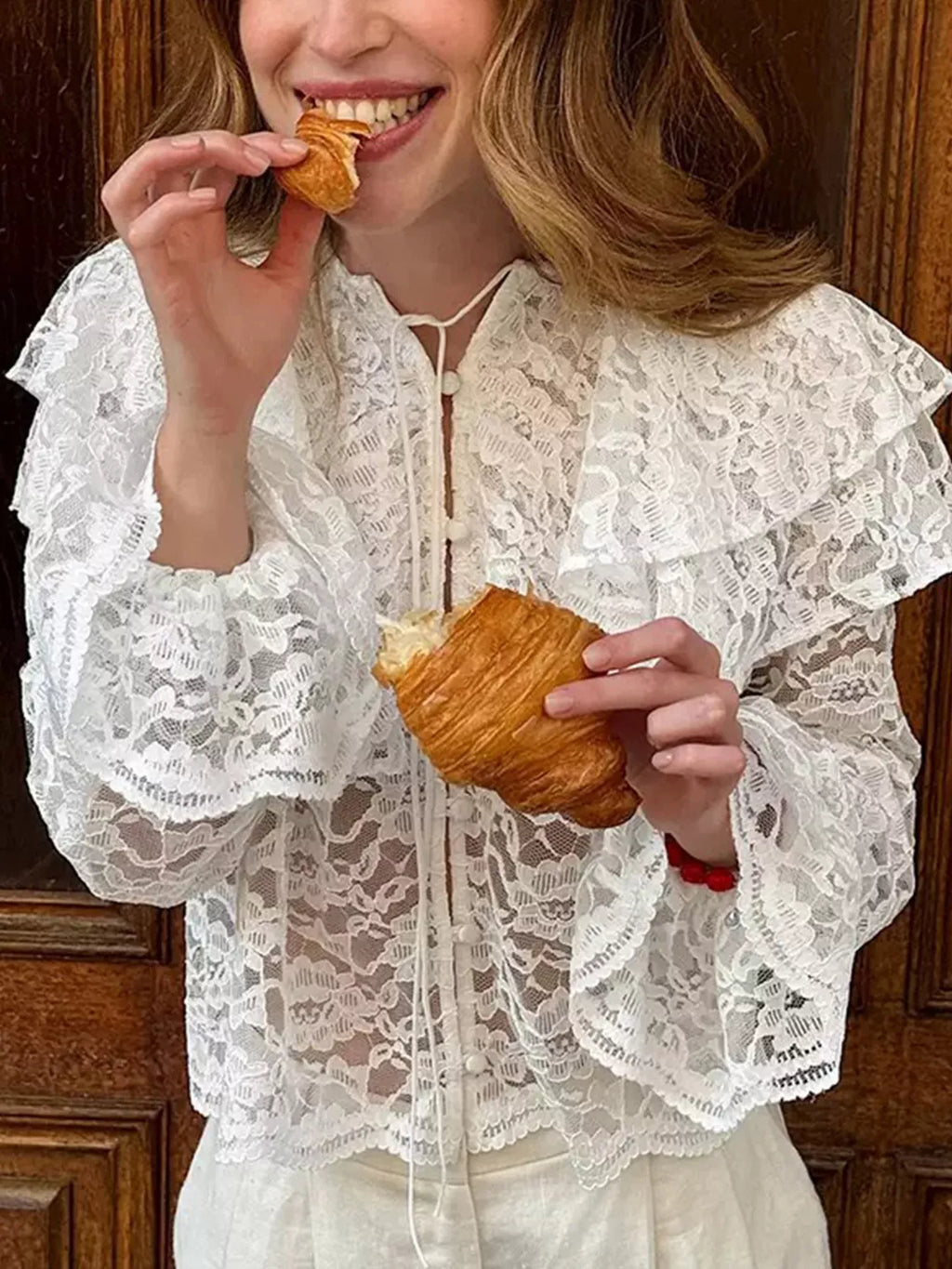 Ruffled Lace Flounce Sleeve Blouse