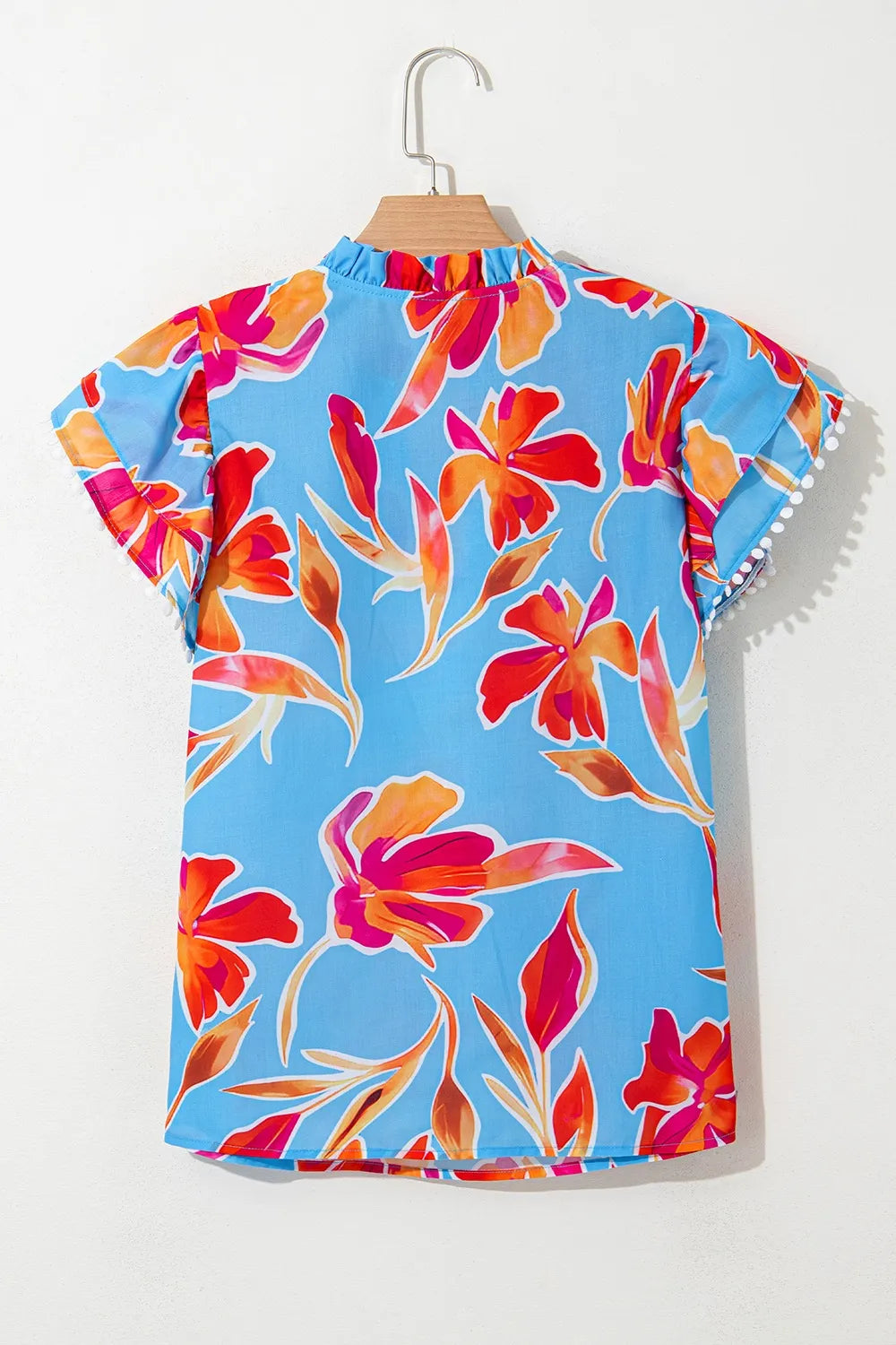 Floral Print Notched Pompom Trim Flutter Sleeve Blouse