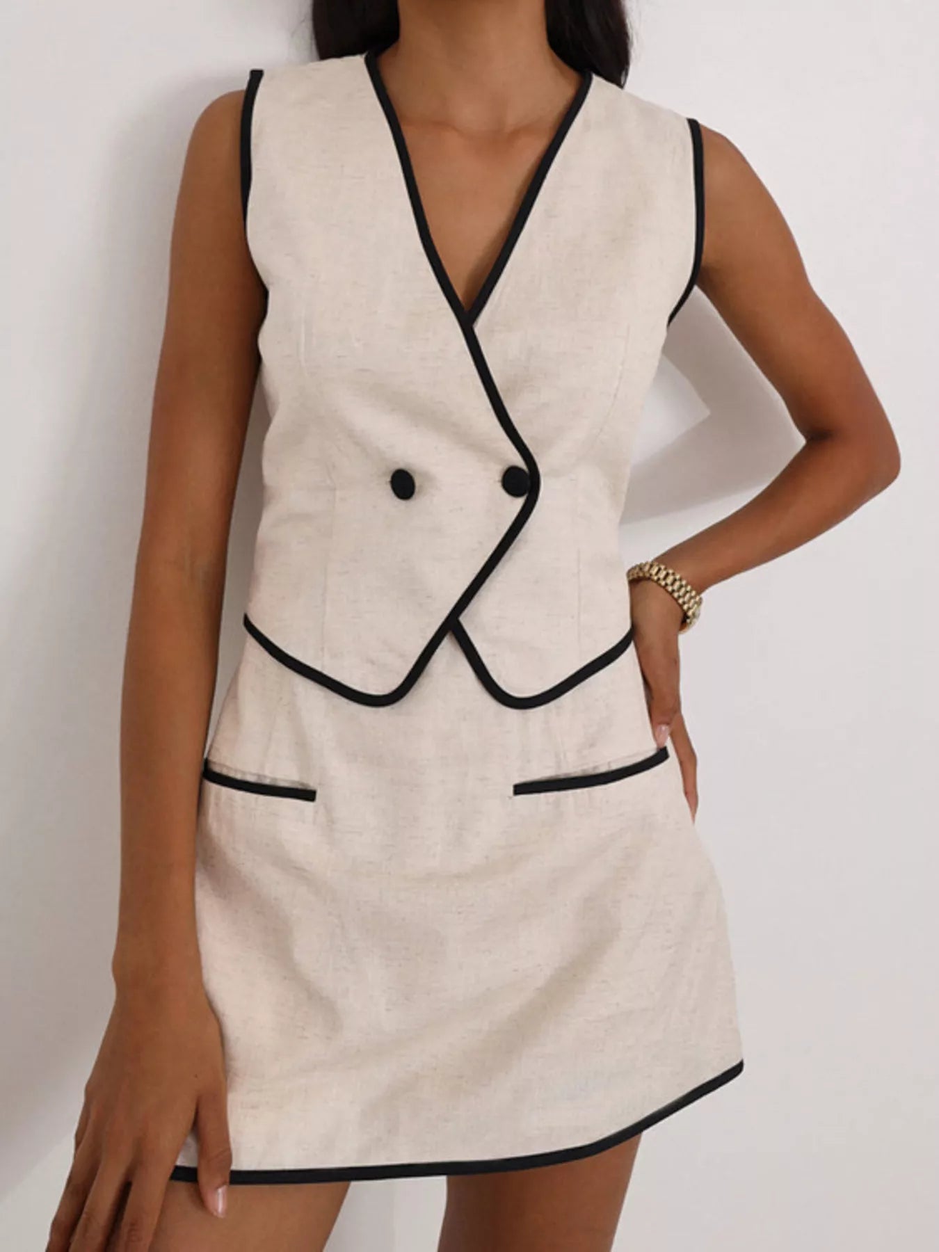 Contrast Trim Vest and Skirt Set