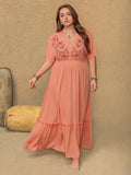 Plus Size Frill Embroidered V-Neck Half Sleeve Maxi Dress