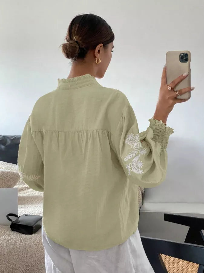 Embroidered Notched Long Sleeve Blouse