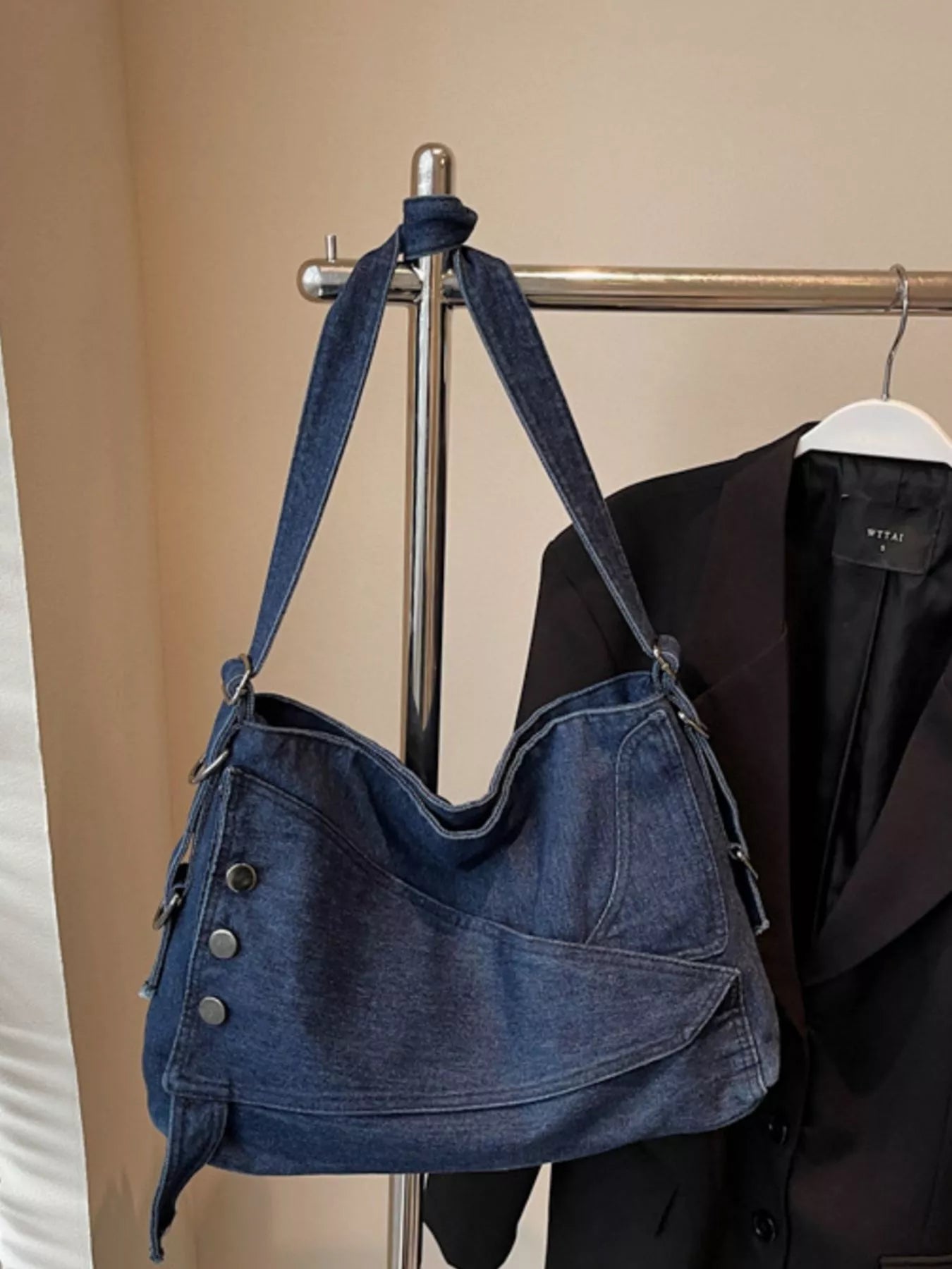 Casual Denim Crossbody Bag with Button Detail