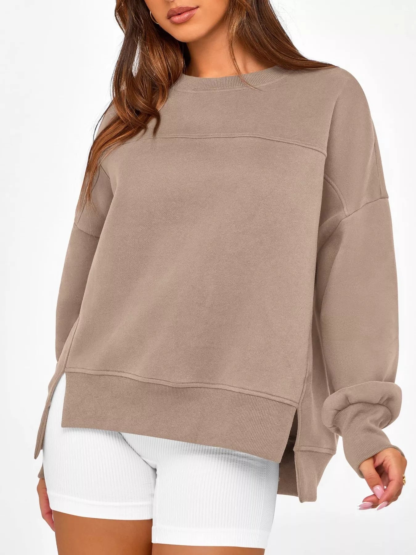 Slit Round Neck Dropped Shoulder Sweatshirt