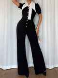Contrast Button-Down Wide Leg Jumpsuit