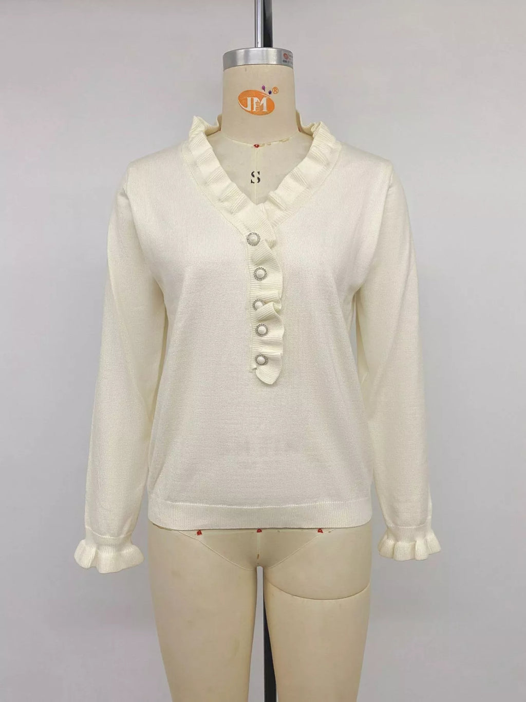 Ruffle Trim Pearl Button V-Neck Knit Top