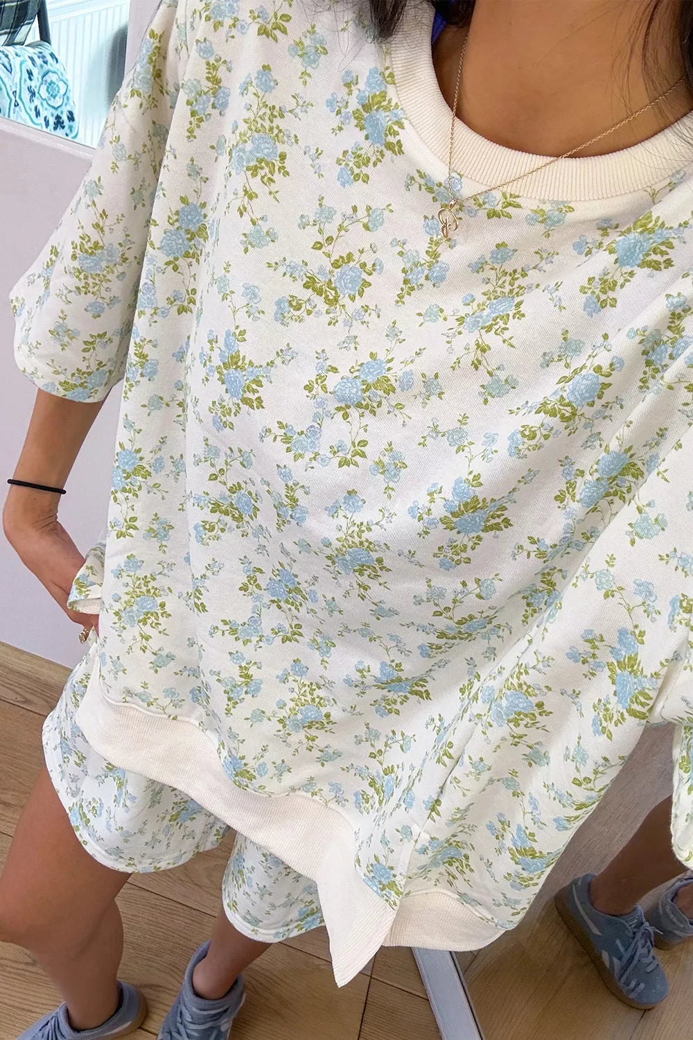 Floral Print Long Sleeve Shift Top Pocketed Shorts 2pcs Set