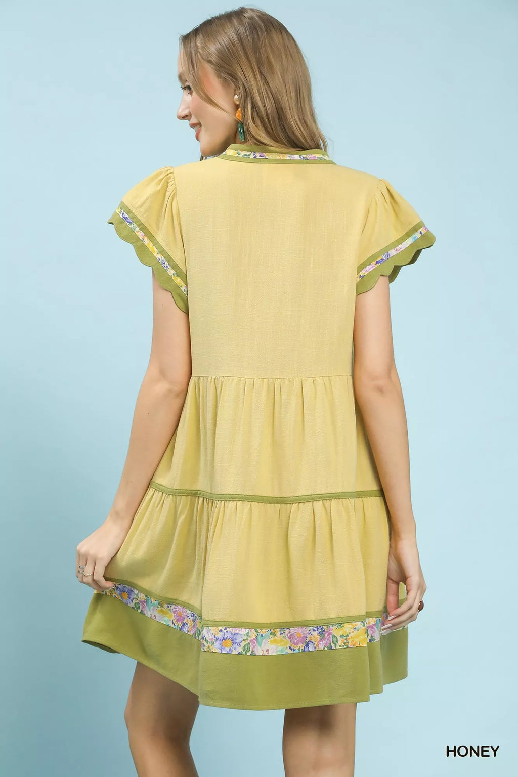 Umgee Linen Tiered Flutter Sleeve Dress with Floral Trim