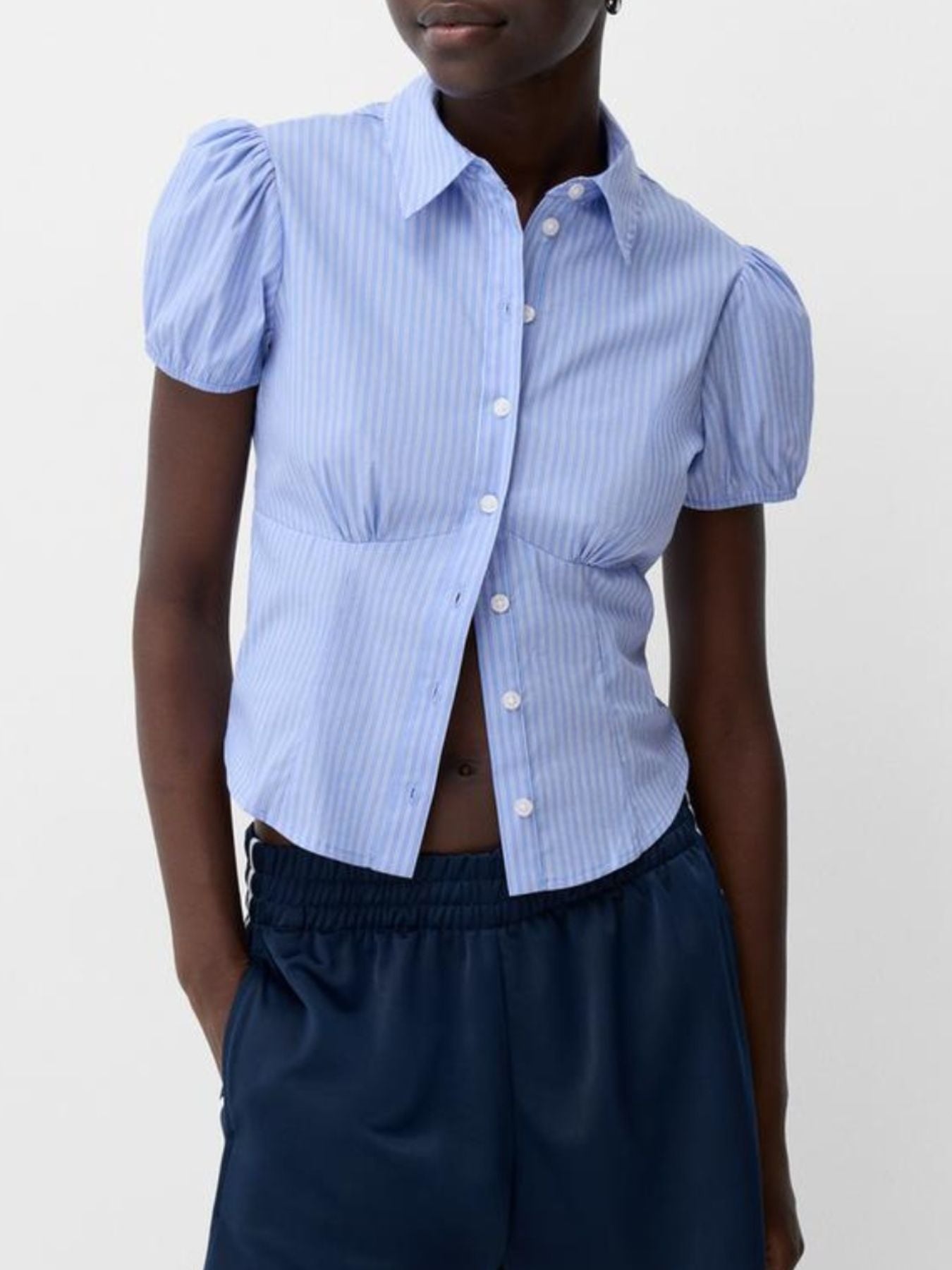 Striped Button Up Puff Sleeve Shirt