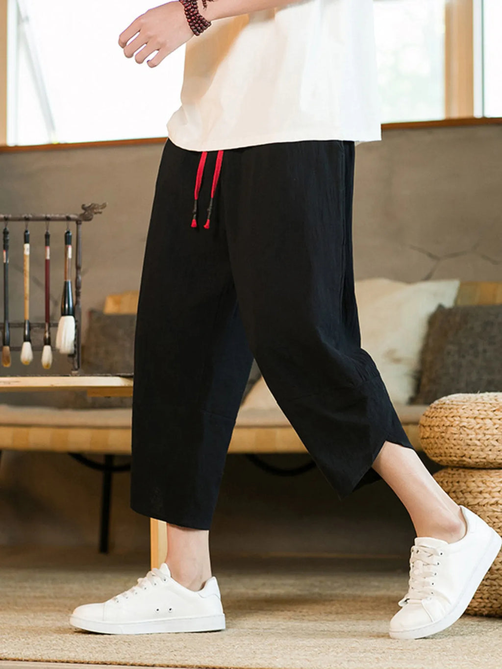 Men's Plus Size Casual Linen Cropped Pants with Drawstring